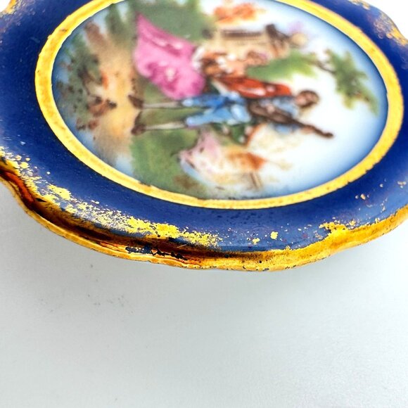 Limoges France Miniature Plate Romantic Courting Scene Wooden Stand Vtg 1.75" - Picture 8 of 8